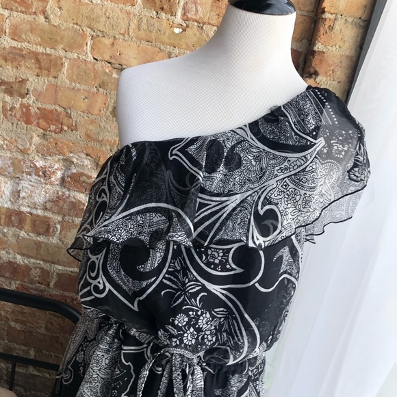 New York & Company One Shoulder Cinch Waist Paisley Dress - Picture 3 of 7